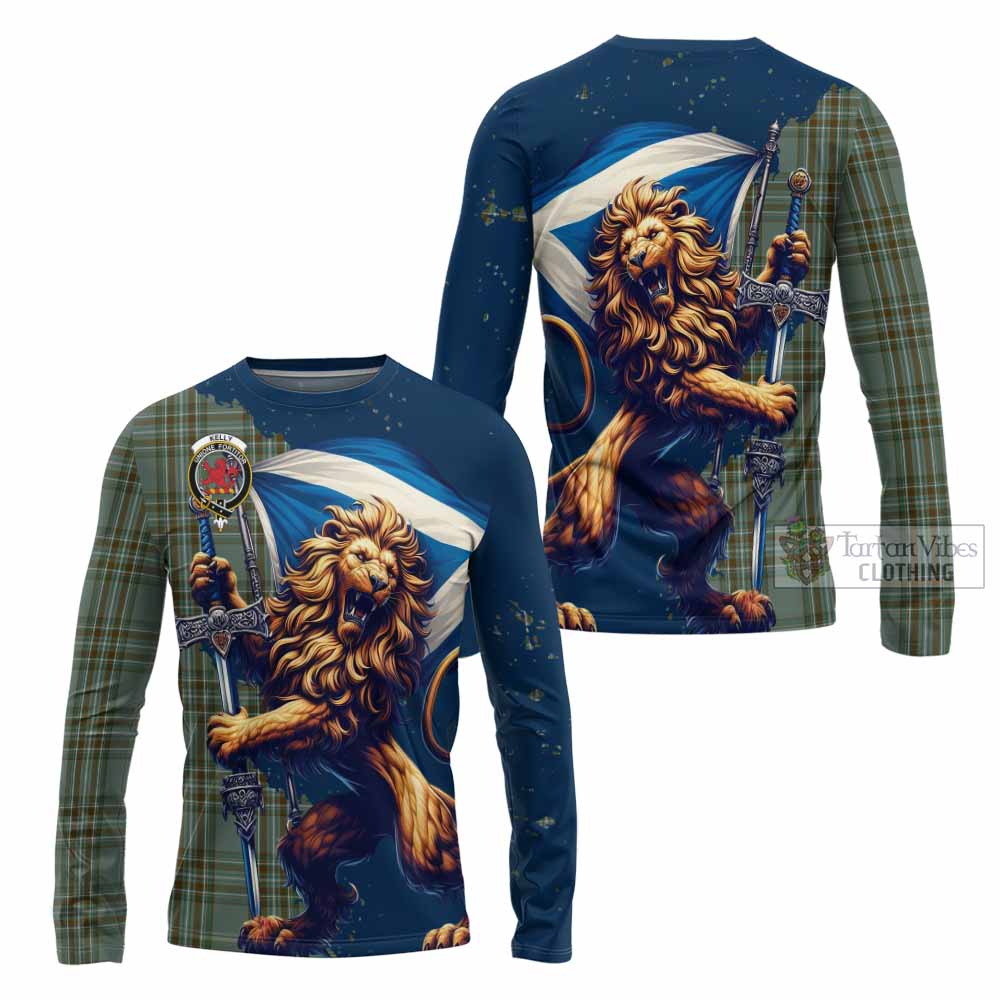 Tartan Vibes Clothing Kelly Tartan Family Crest Long Sleeve T-Shirt with Scottish Majestic Lion