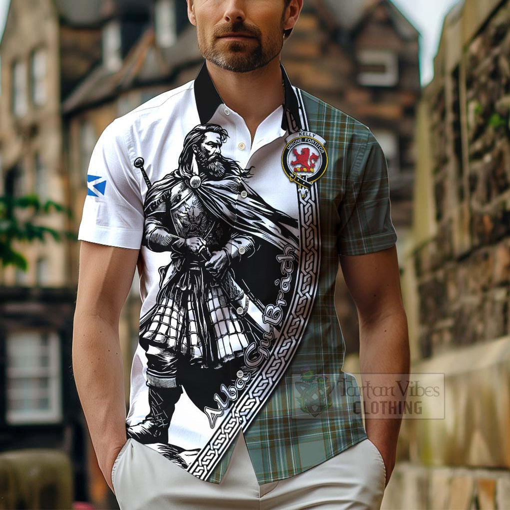 Tartan Vibes Clothing Kelly Tartan Clan Crest Short Sleeve Button Shirt with Highlander Warrior Celtic Style