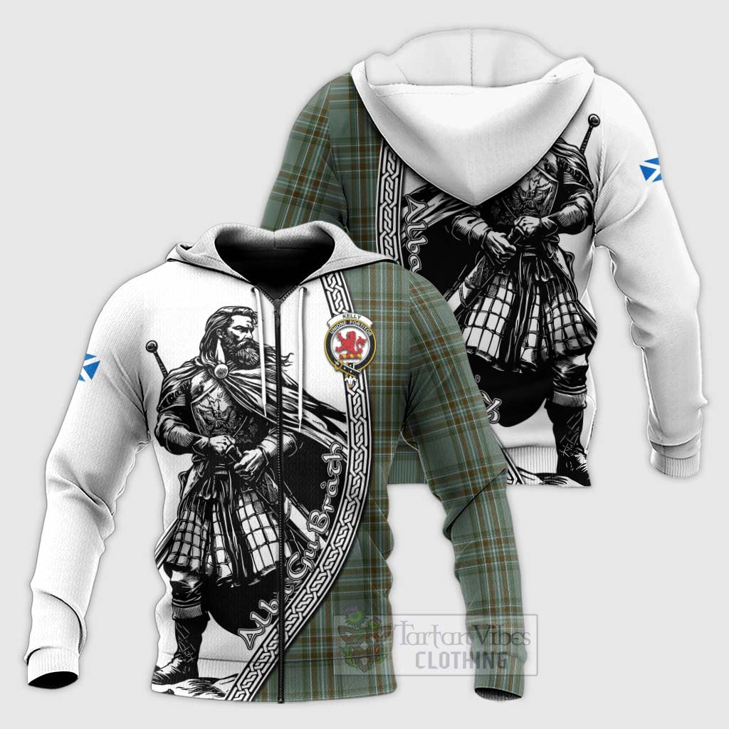 Tartan Vibes Clothing Kelly Tartan Clan Crest Knitted Hoodie with Highlander Warrior Celtic Style