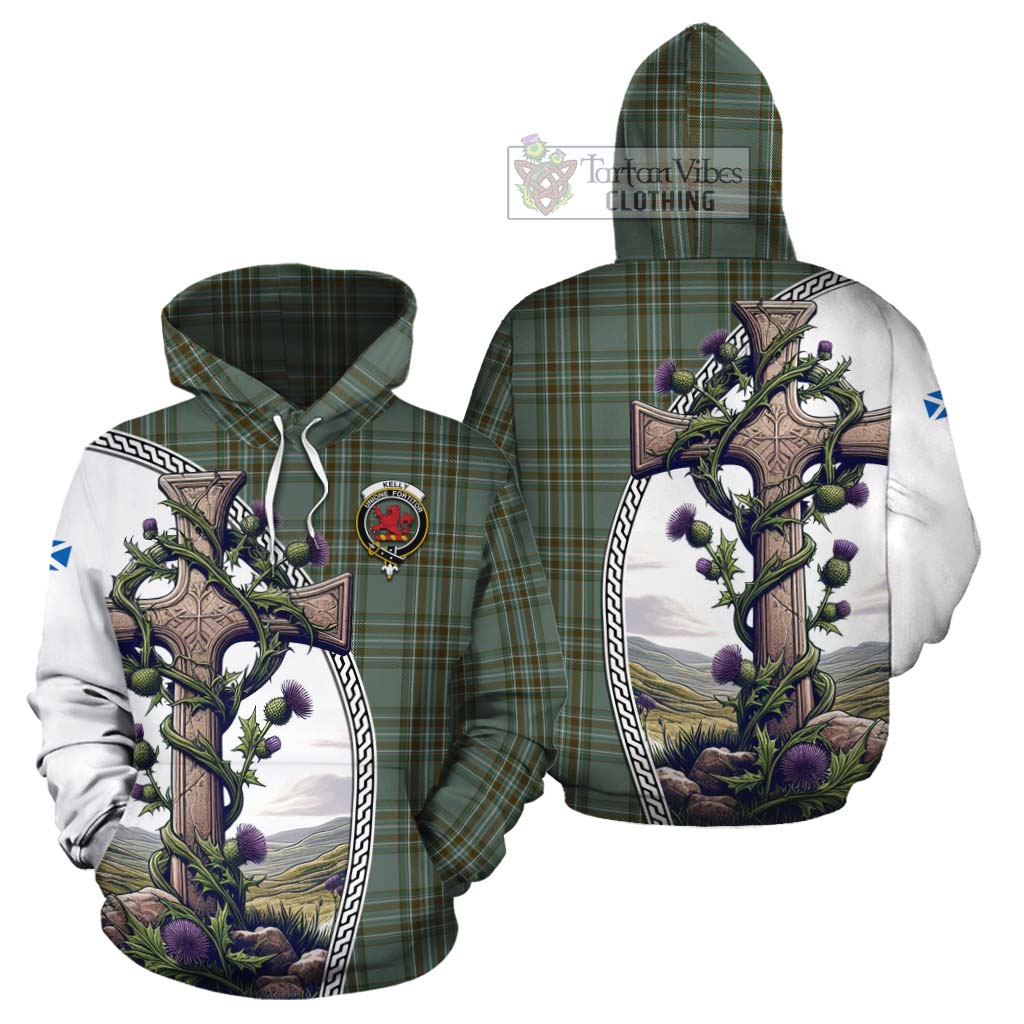 Tartan Vibes Clothing Kelly Tartan Cotton Hoodie with Family Crest and St. Andrew's Cross Accented by Thistle Vines