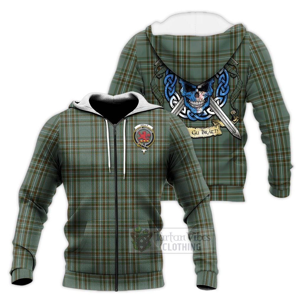 Tartan Vibes Clothing Kelly Tartan Knitted Hoodie with Family Crest Celtic Skull Style