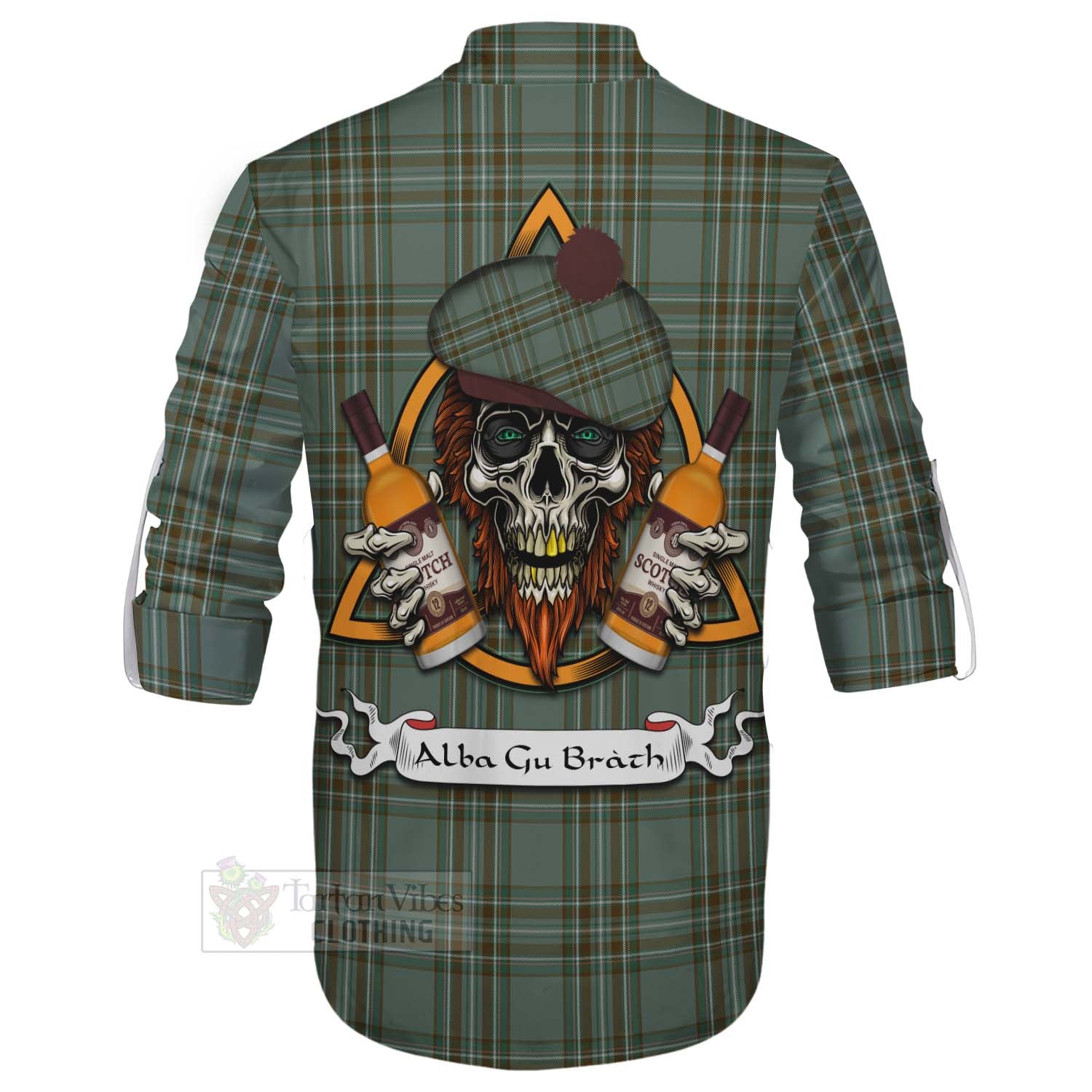 Tartan Vibes Clothing Kelly Tartan Ghillie Kilt Shirt with Family Crest and Bearded Skull Holding Bottles of Whiskey