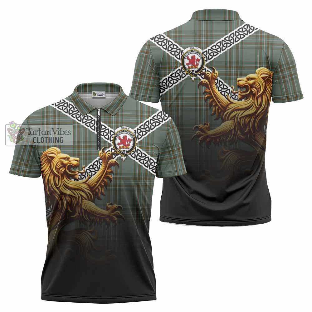 Tartan Vibes Clothing Kelly Crest Tartan Zipper Polo Shirt with Golden Lion Emblem Celtic Style