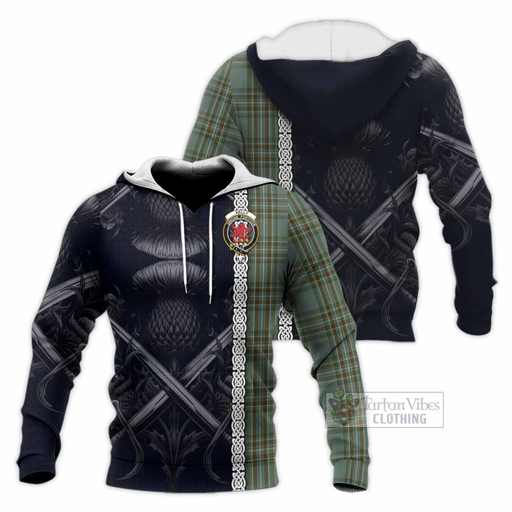 Tartan Vibes Clothing Kelly Tartan Knitted Hoodie with Family Crest Cross Sword Thistle Celtic Vibes