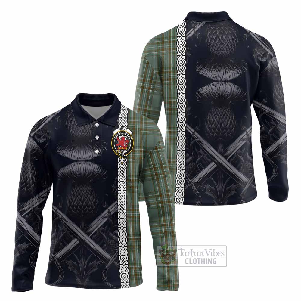 Tartan Vibes Clothing Kelly Tartan Long Sleeve Polo Shirt with Family Crest Cross Sword Thistle Celtic Vibes