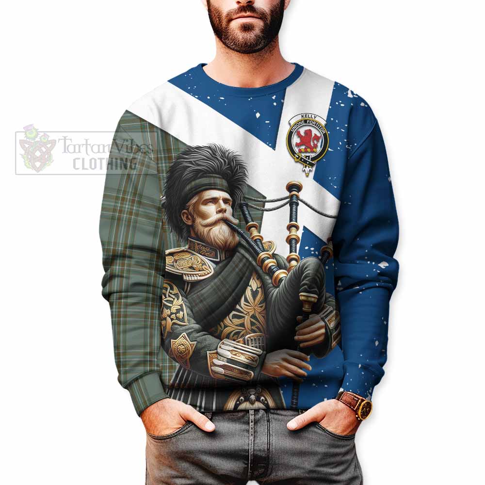 Tartan Vibes Clothing Kelly Tartan Sweatshirt with Family Crest Scottish Bagpiper Vibes