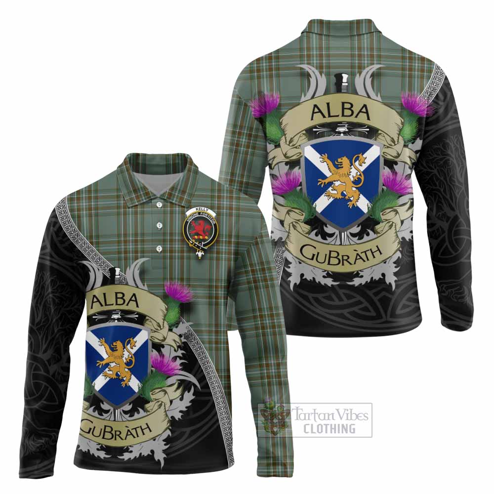 Tartan Vibes Clothing Kelly Tartan Family Crest Long Sleeve Polo Shirt Lion Rampant Royal Thistle Shield Celtic Inspired