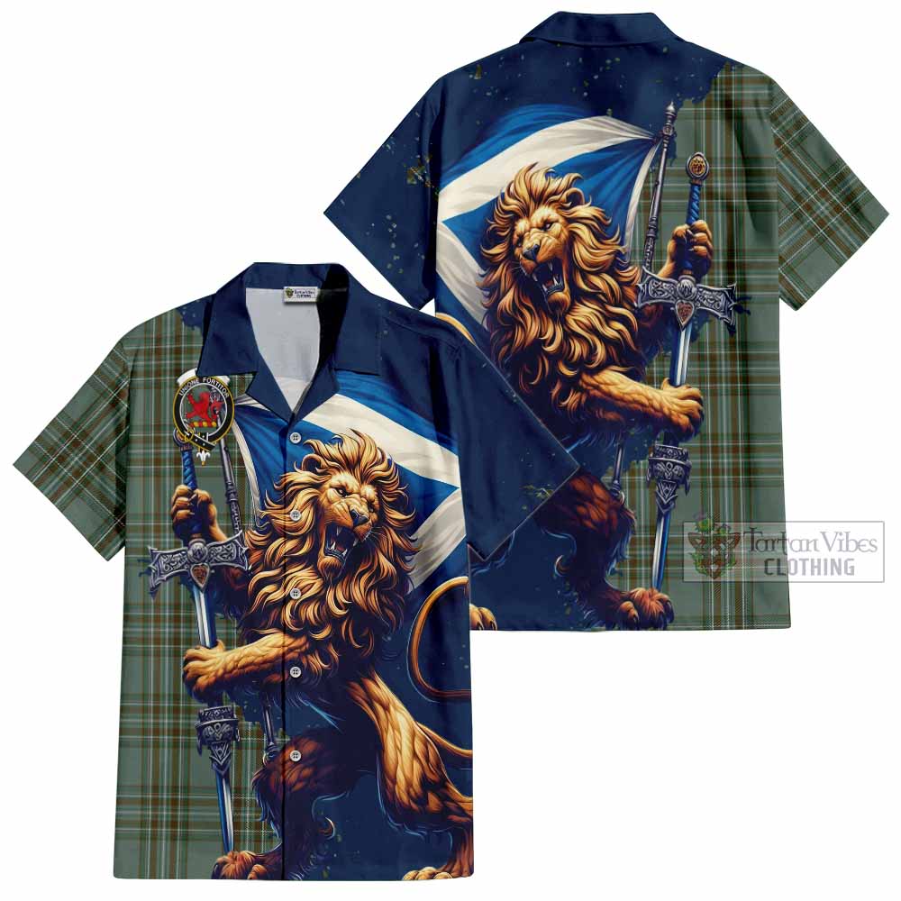 Tartan Vibes Clothing Kelly Tartan Family Crest Short Sleeve Button Shirt with Scottish Majestic Lion