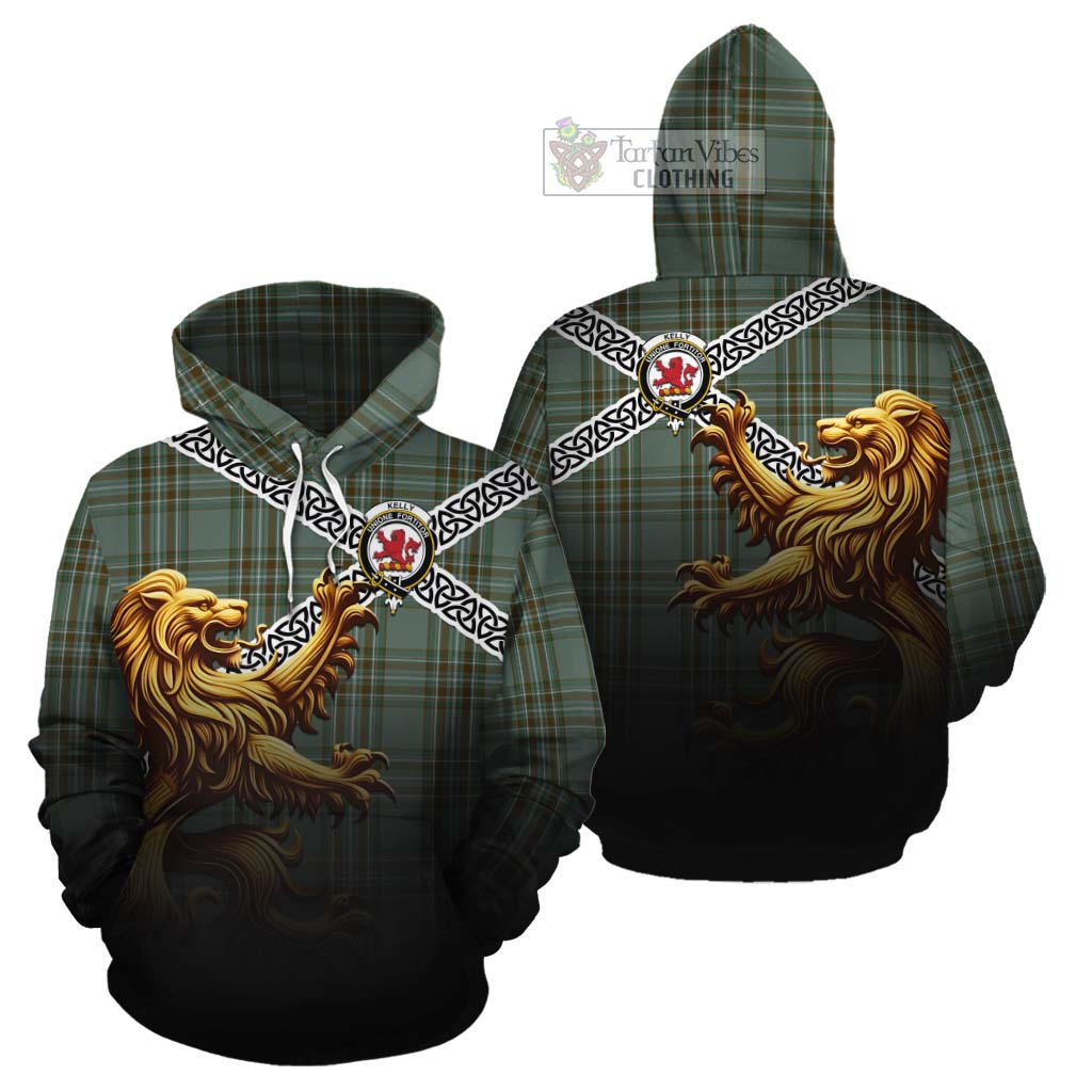 Tartan Vibes Clothing Kelly Crest Tartan Cotton Hoodie with Golden Lion Emblem Celtic Style