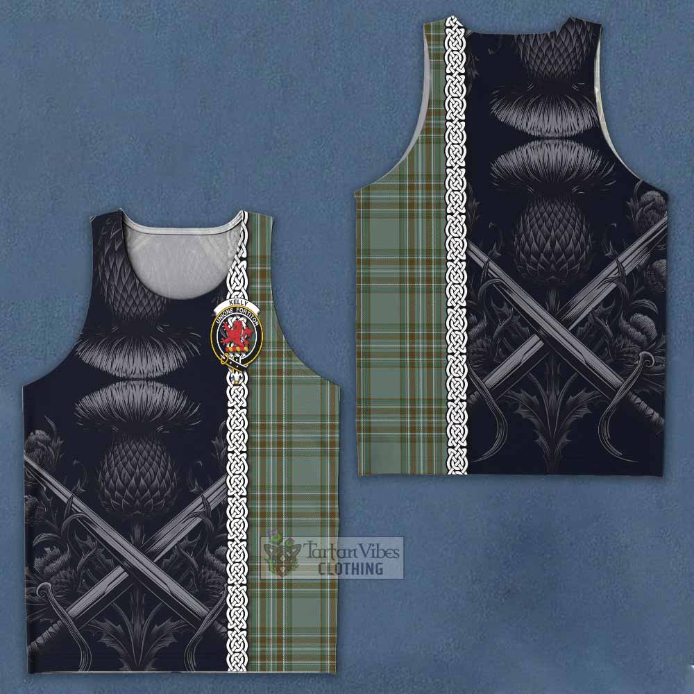 Tartan Vibes Clothing Kelly Tartan Men's Tank Top with Family Crest Cross Sword Thistle Celtic Vibes
