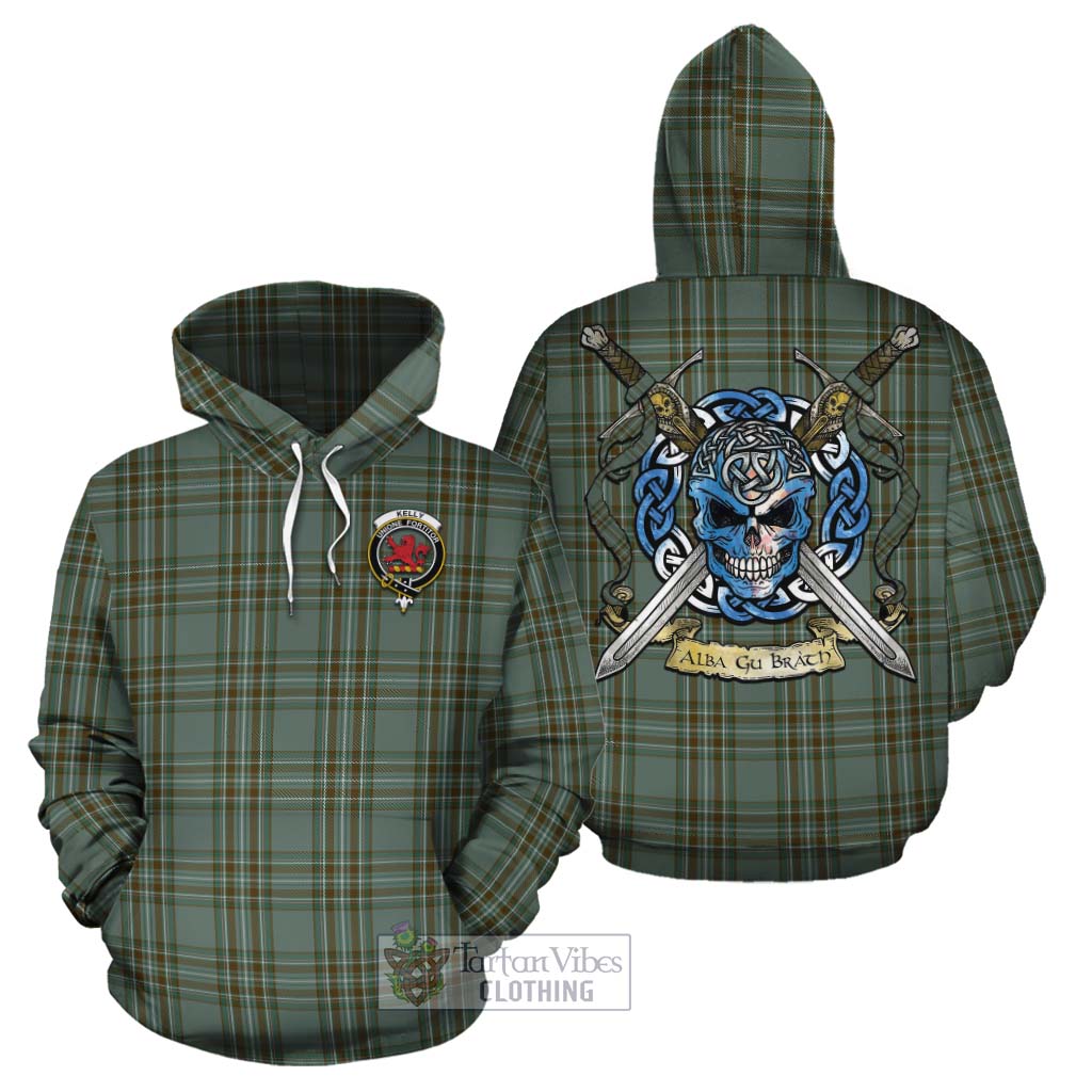 Tartan Vibes Clothing Kelly Tartan Cotton Hoodie with Family Crest Celtic Skull Style