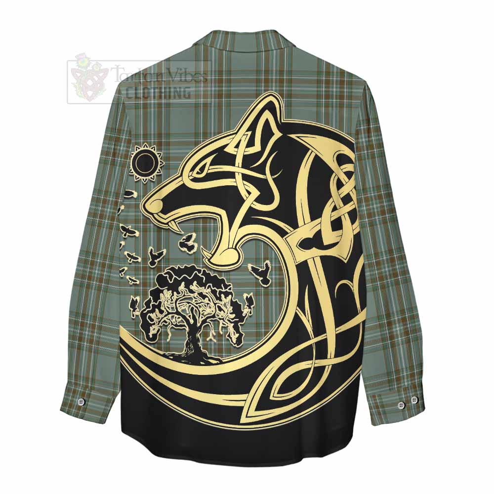 Tartan Vibes Clothing Kelly Tartan Women's Casual Shirt with Family Crest Celtic Wolf Style