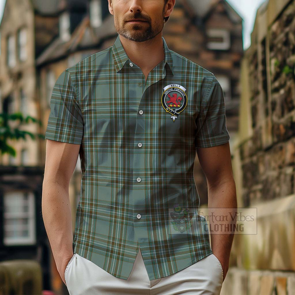 Tartan Vibes Clothing Kelly Tartan Short Sleeve Button Shirt with Family Crest and Bearded Skull Holding Bottles of Whiskey