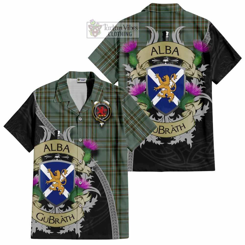 Tartan Vibes Clothing Kelly Tartan Family Crest Short Sleeve Button Shirt Lion Rampant Royal Thistle Shield Celtic Inspired