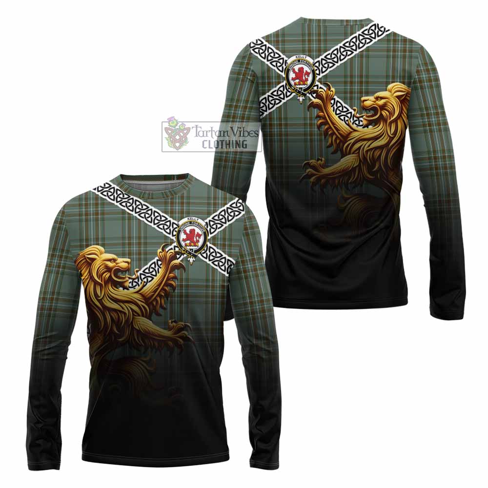 Tartan Vibes Clothing Kelly Crest Tartan Long Sleeve T-Shirt with Golden Lion Emblem Celtic Style