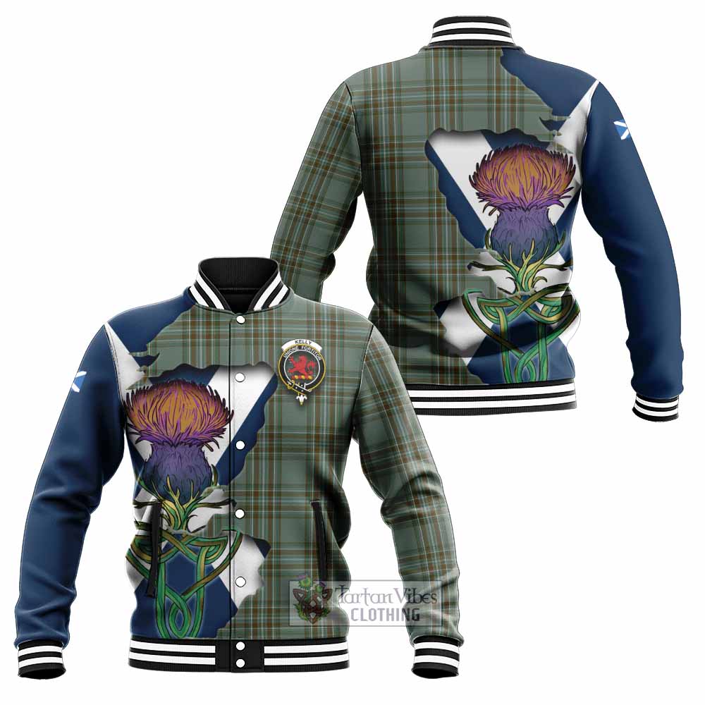 Tartan Vibes Clothing Kelly Tartan Family Crest Baseball Jacket Scottish Thistle Celtic Inspired