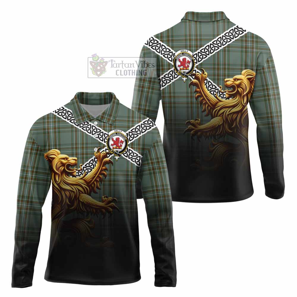 Tartan Vibes Clothing Kelly Crest Tartan Long Sleeve Polo Shirt with Golden Lion Emblem Celtic Style
