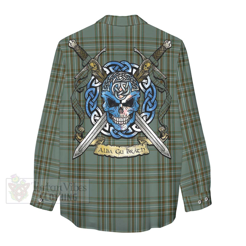Tartan Vibes Clothing Kelly Tartan Women's Casual Shirt with Family Crest Celtic Skull Style