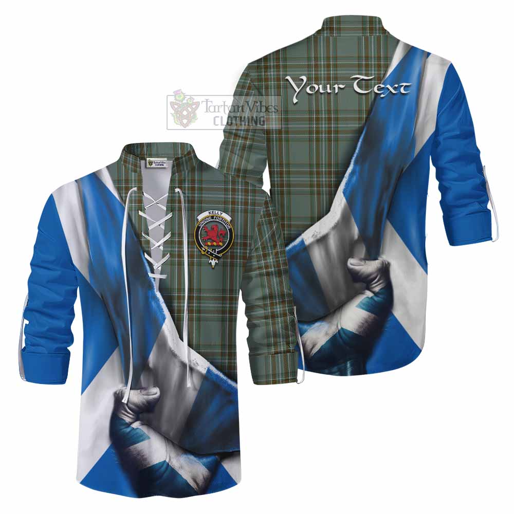Tartan Vibes Clothing Kelly Tartan Ghillie Kilt Shirt with Family Crest Scotland Patriotic Style