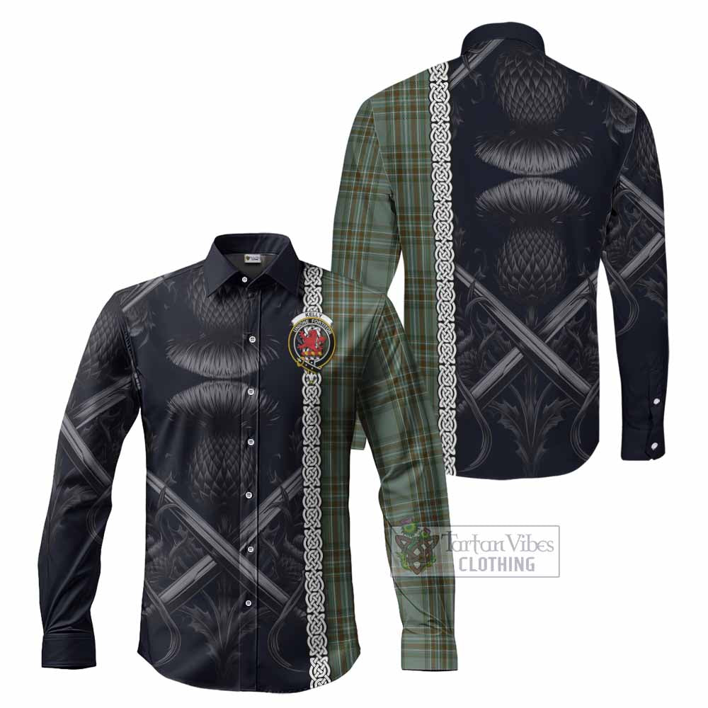 Tartan Vibes Clothing Kelly Tartan Long Sleeve Button Shirt with Family Crest Cross Sword Thistle Celtic Vibes
