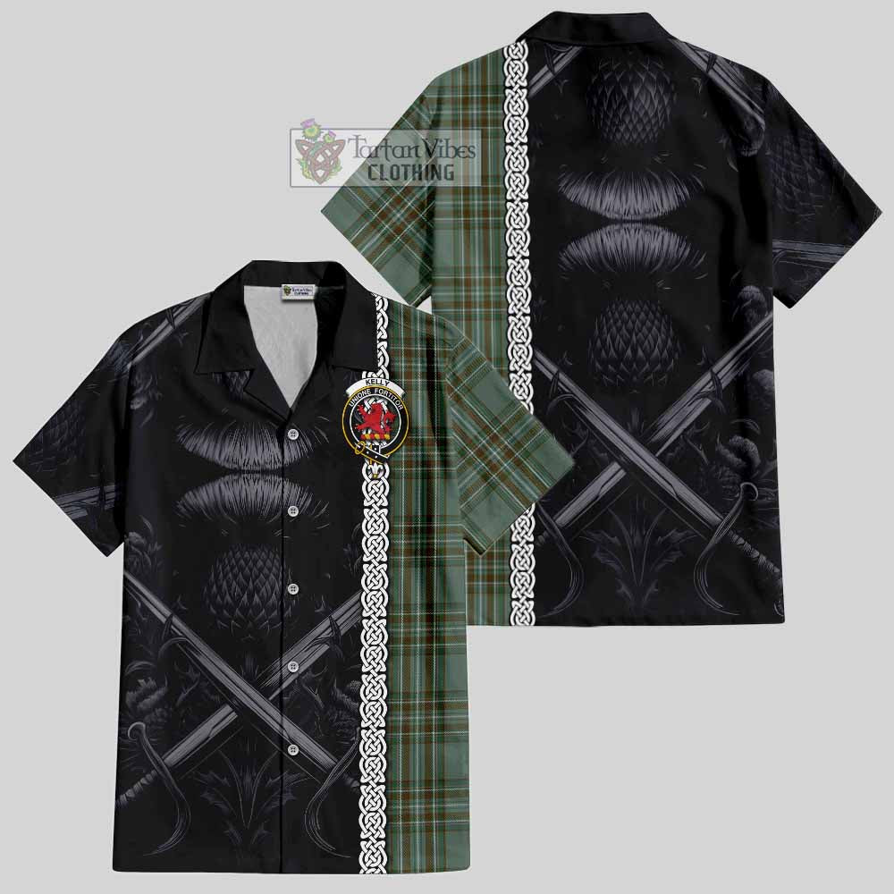 Tartan Vibes Clothing Kelly Tartan Short Sleeve Button Shirt with Family Crest Cross Sword Thistle Celtic Vibes
