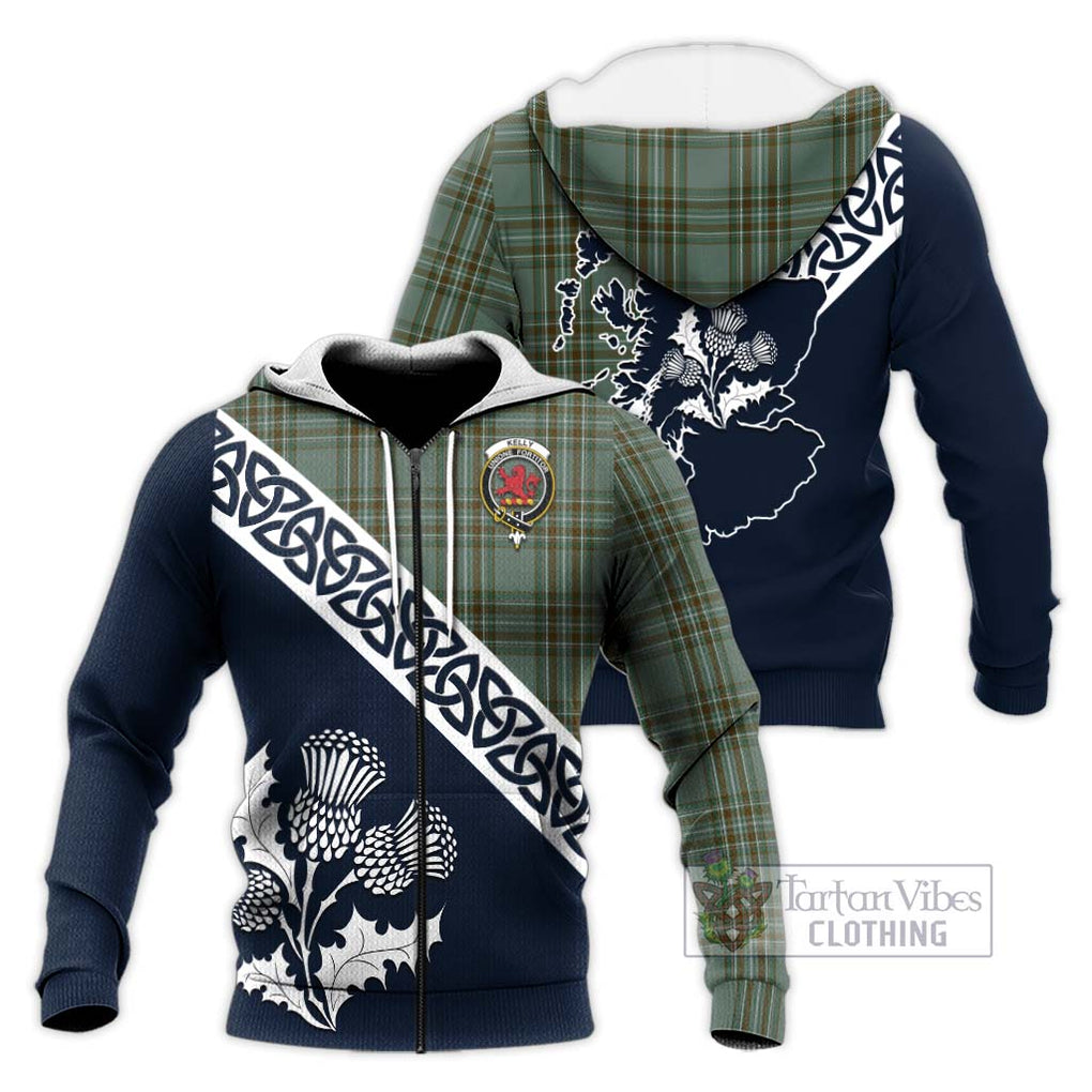 Tartan Vibes Clothing Kelly Tartan Knitted Hoodie Featuring Thistle and Scotland Map