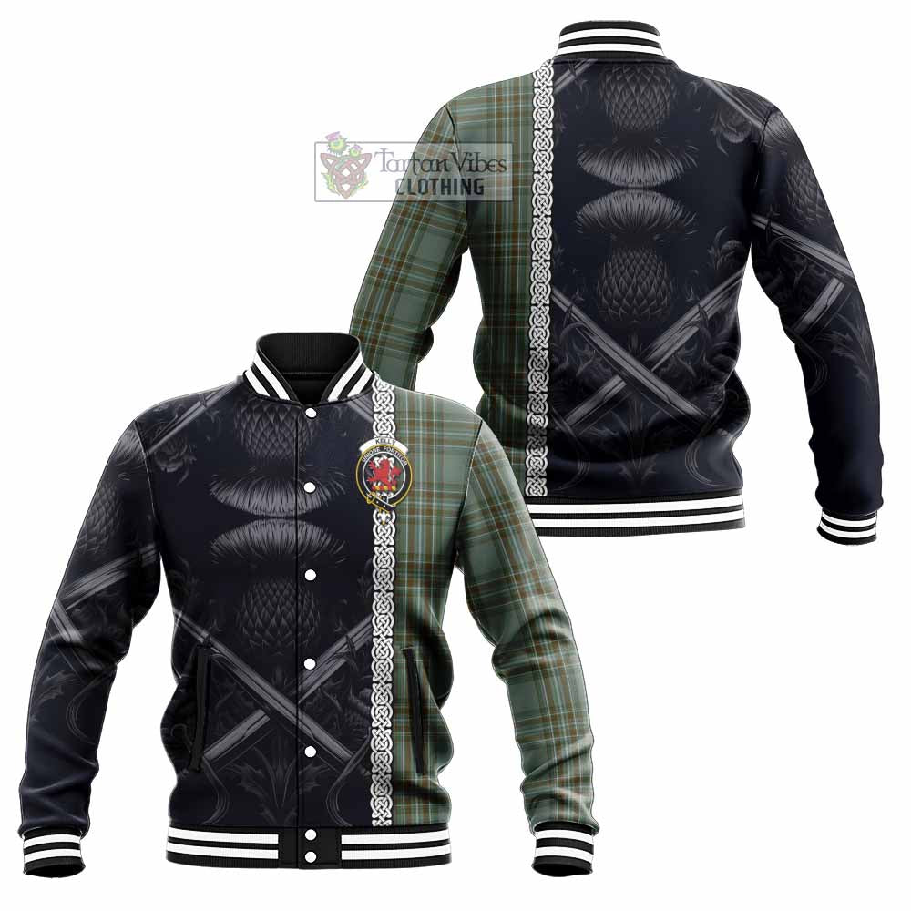 Tartan Vibes Clothing Kelly Tartan Baseball Jacket with Family Crest Cross Sword Thistle Celtic Vibes
