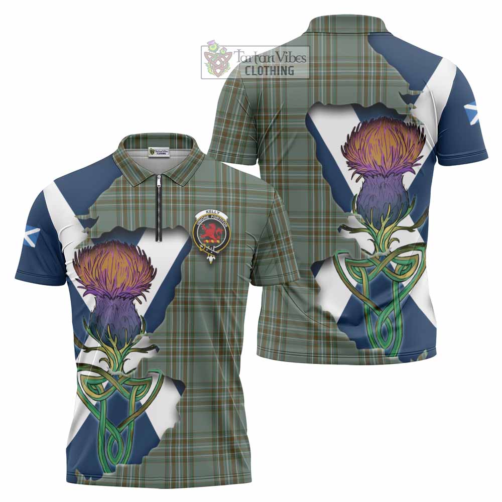Tartan Vibes Clothing Kelly Tartan Family Crest Zipper Polo Shirt Scottish Thistle Celtic Inspired