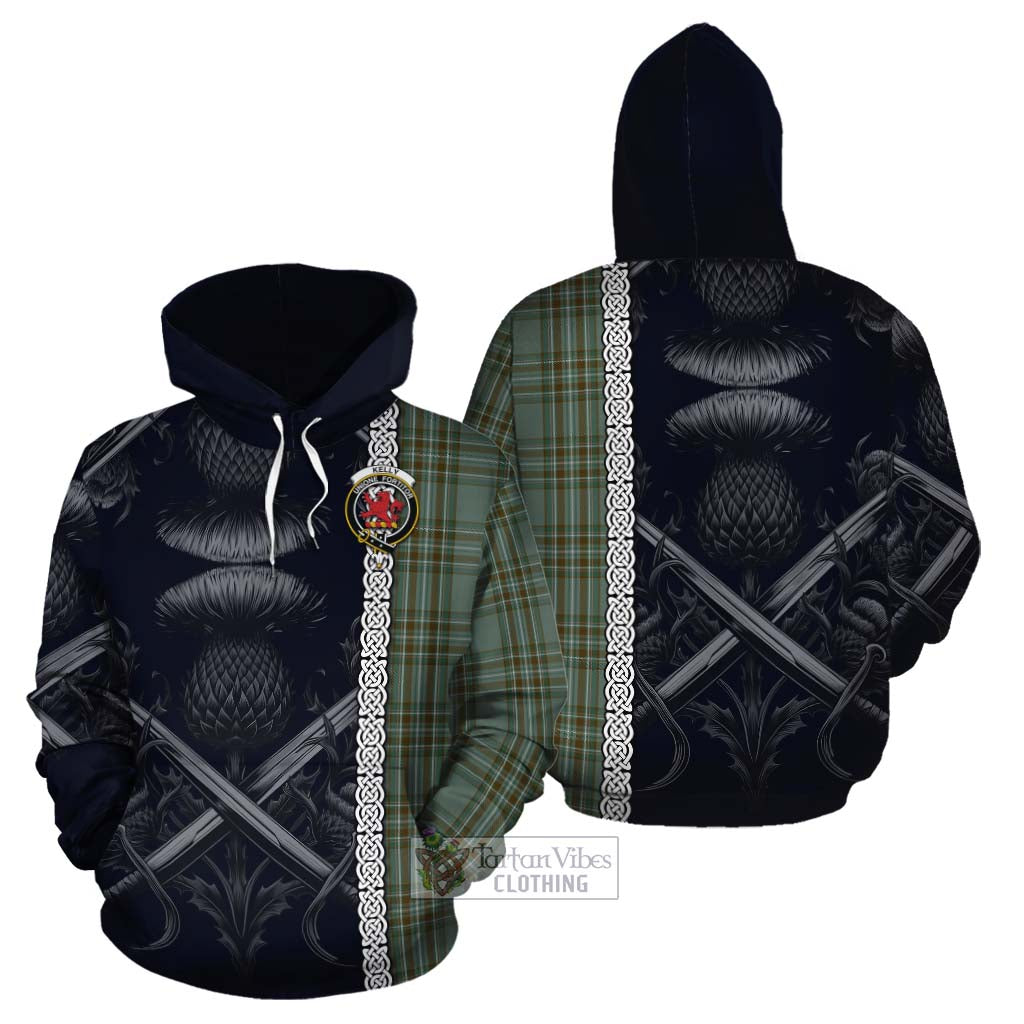 Tartan Vibes Clothing Kelly Tartan Cotton Hoodie with Family Crest Cross Sword Thistle Celtic Vibes