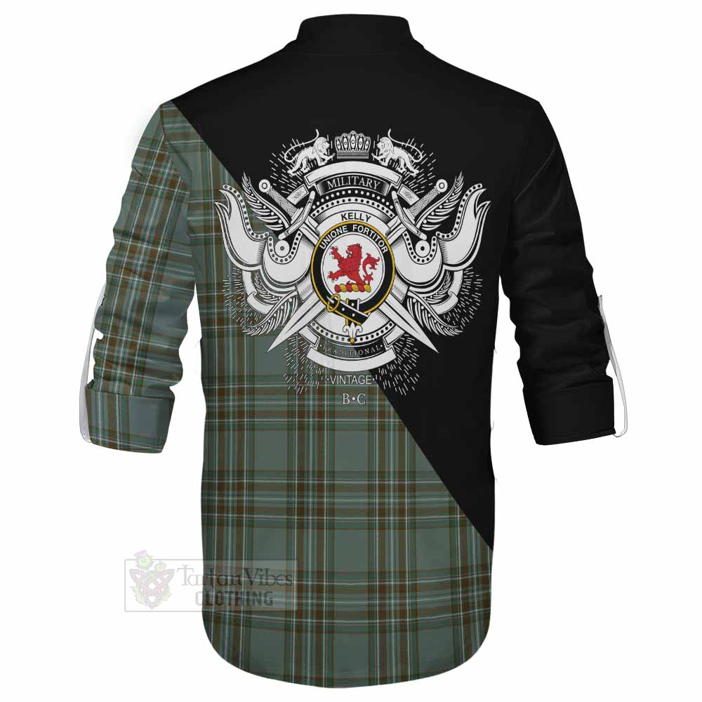 Tartan Vibes Clothing Kelly Tartan Ghillie Kilt Shirt with Family Crest and Military Logo Style