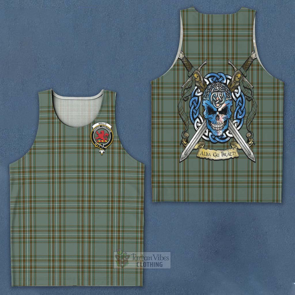 Tartan Vibes Clothing Kelly Tartan Men's Tank Top with Family Crest Celtic Skull Style