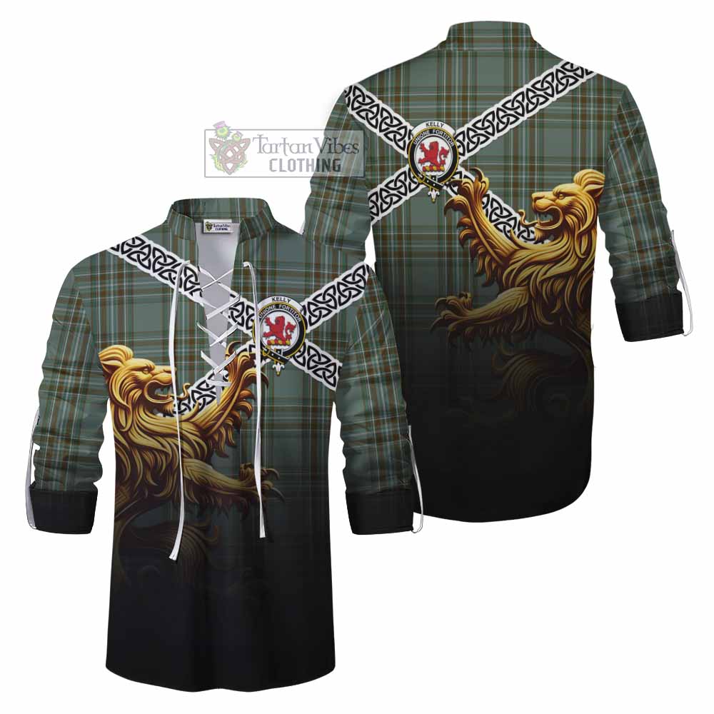 Tartan Vibes Clothing Kelly Crest Tartan Ghillie Kilt Shirt with Golden Lion Emblem Celtic Style
