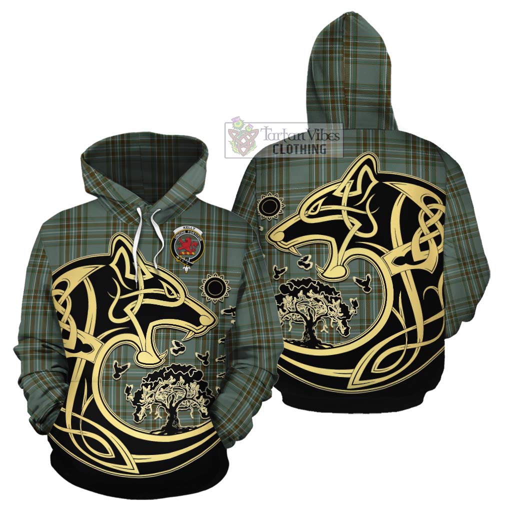 Tartan Vibes Clothing Kelly Tartan Cotton Hoodie with Family Crest Celtic Wolf Style