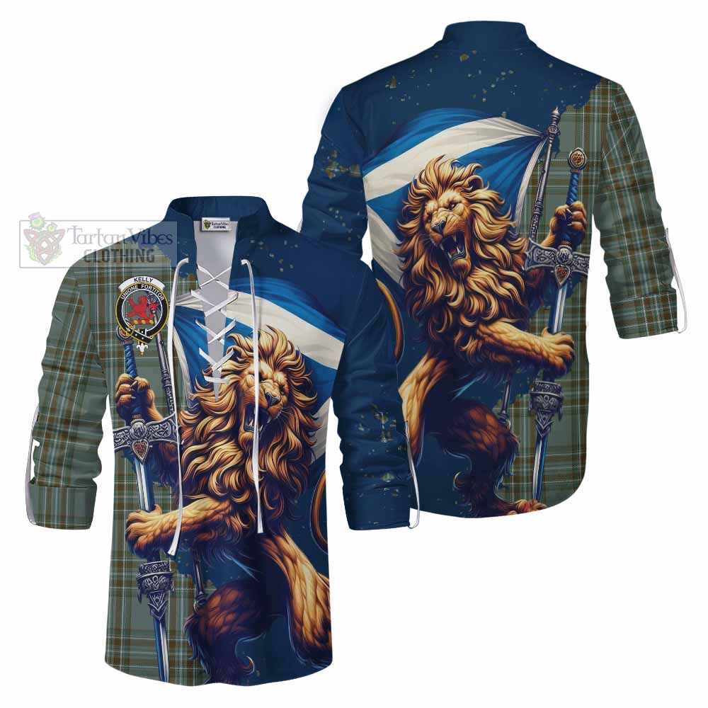 Tartan Vibes Clothing Kelly Tartan Family Crest Ghillie Kilt Shirt with Scottish Majestic Lion