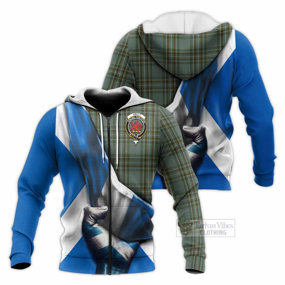 Tartan Vibes Clothing Kelly Tartan Knitted Hoodie with Family Crest Scotland Patriotic Style
