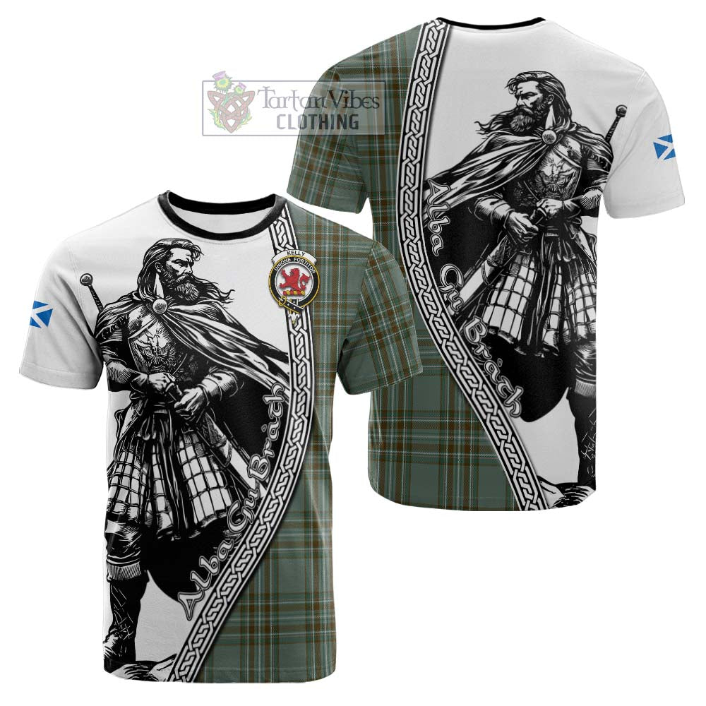 Kelly Tartan Clan Crest Cotton T-shirt with Highlander Warrior Celtic Style