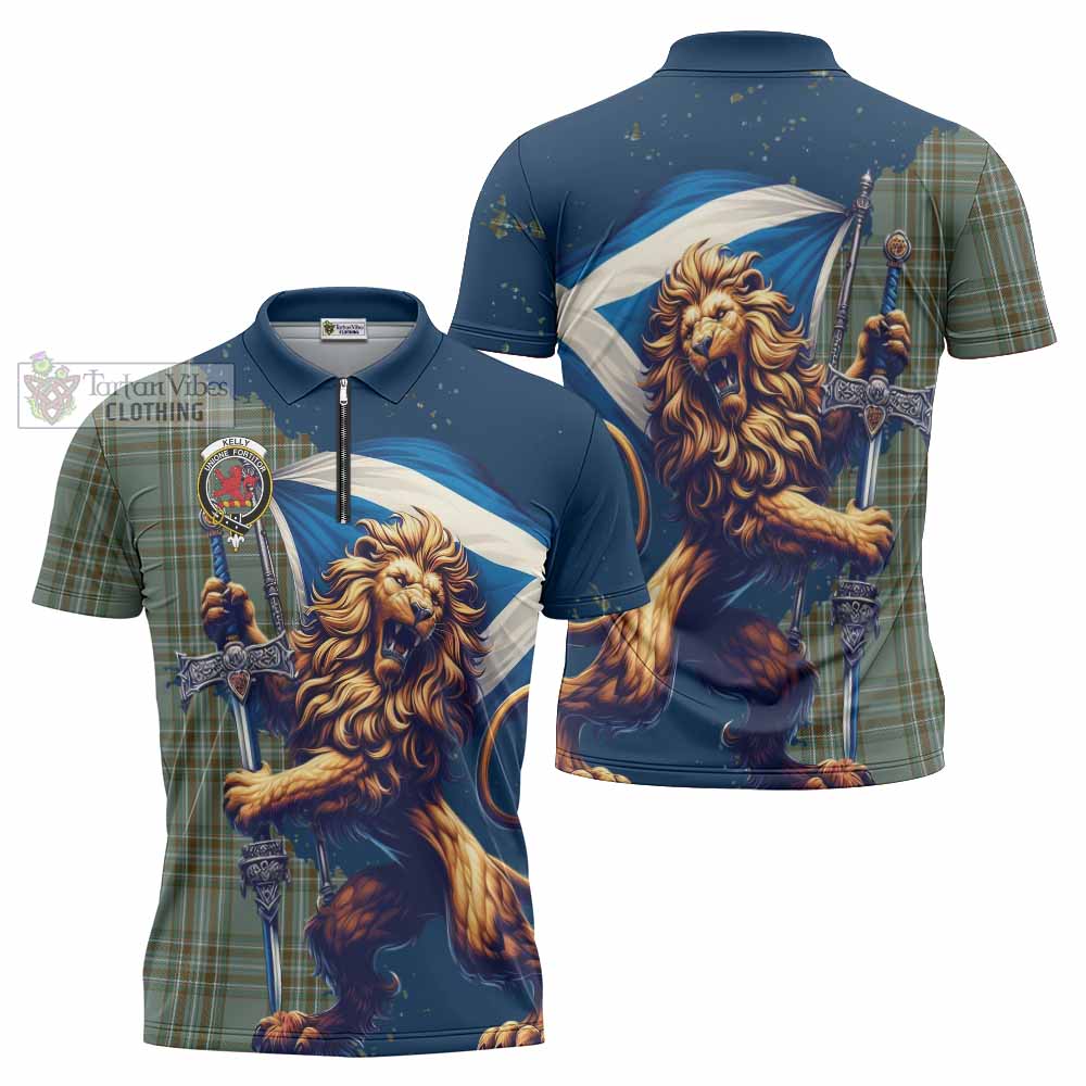 Tartan Vibes Clothing Kelly Tartan Family Crest Zipper Polo Shirt with Scottish Majestic Lion