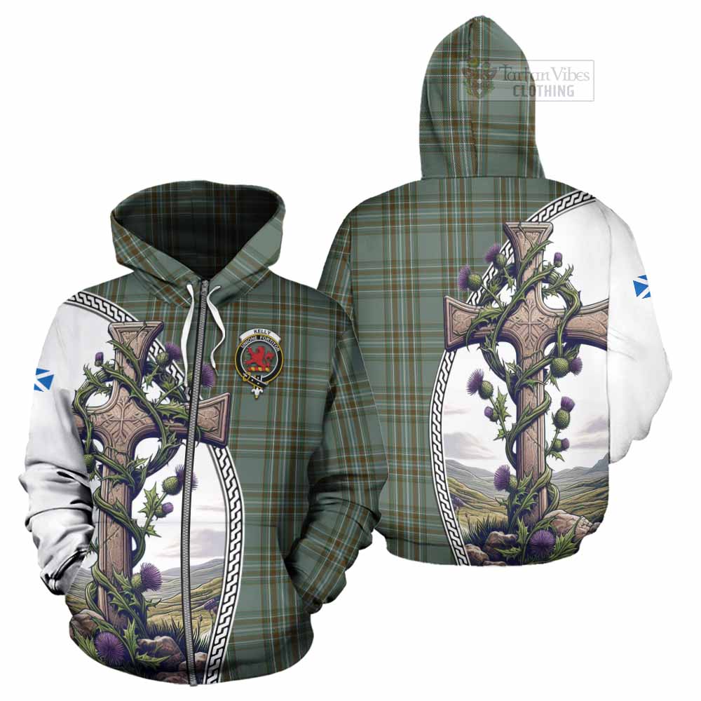 Tartan Vibes Clothing Kelly Tartan Hoodie with Family Crest and St. Andrew's Cross Accented by Thistle Vines