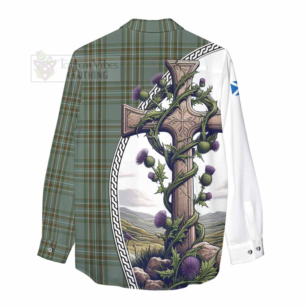 Tartan Vibes Clothing Kelly Tartan Women's Casual Shirt with Family Crest and St. Andrew's Cross Accented by Thistle Vines