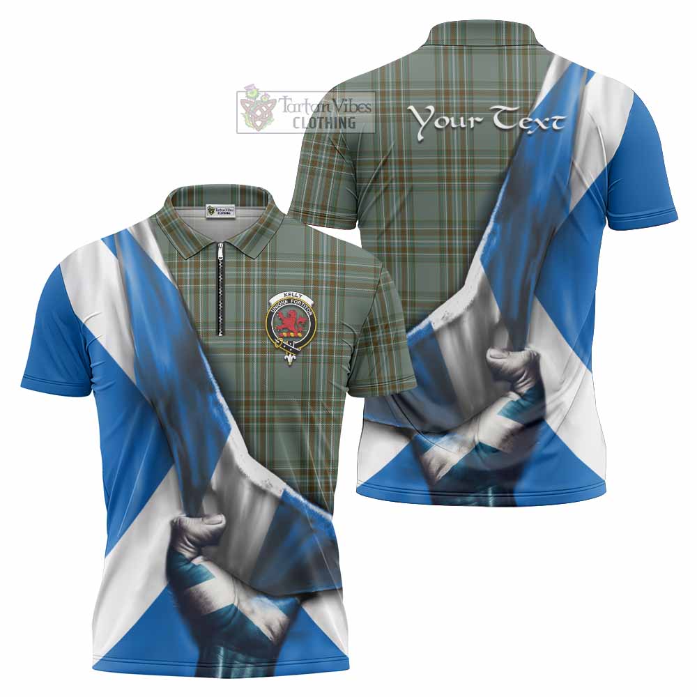 Tartan Vibes Clothing Kelly Tartan Zipper Polo Shirt with Family Crest Scotland Patriotic Style