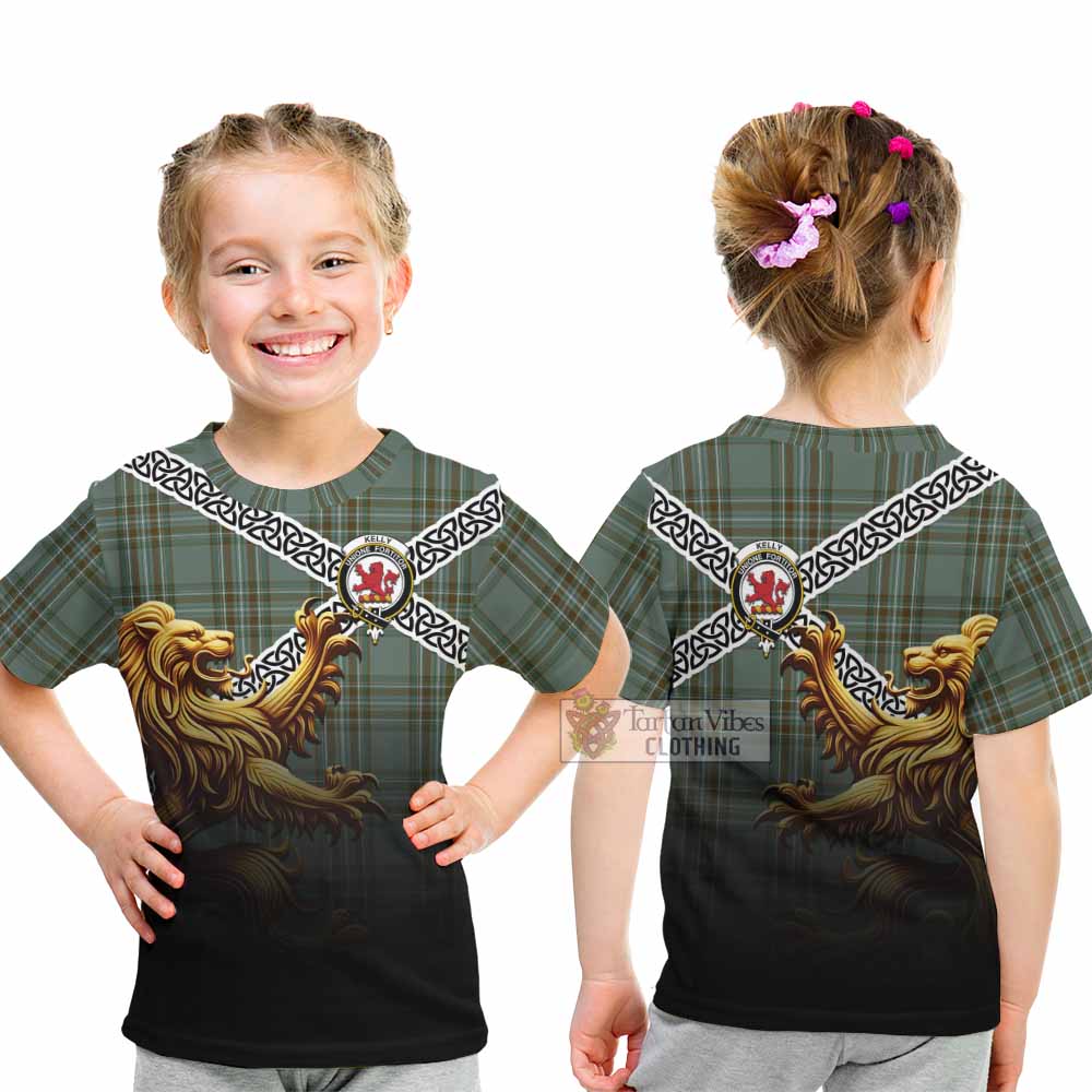 Tartan Vibes Clothing Kelly Crest Tartan Kid T-Shirt with Golden Lion Emblem Celtic Style