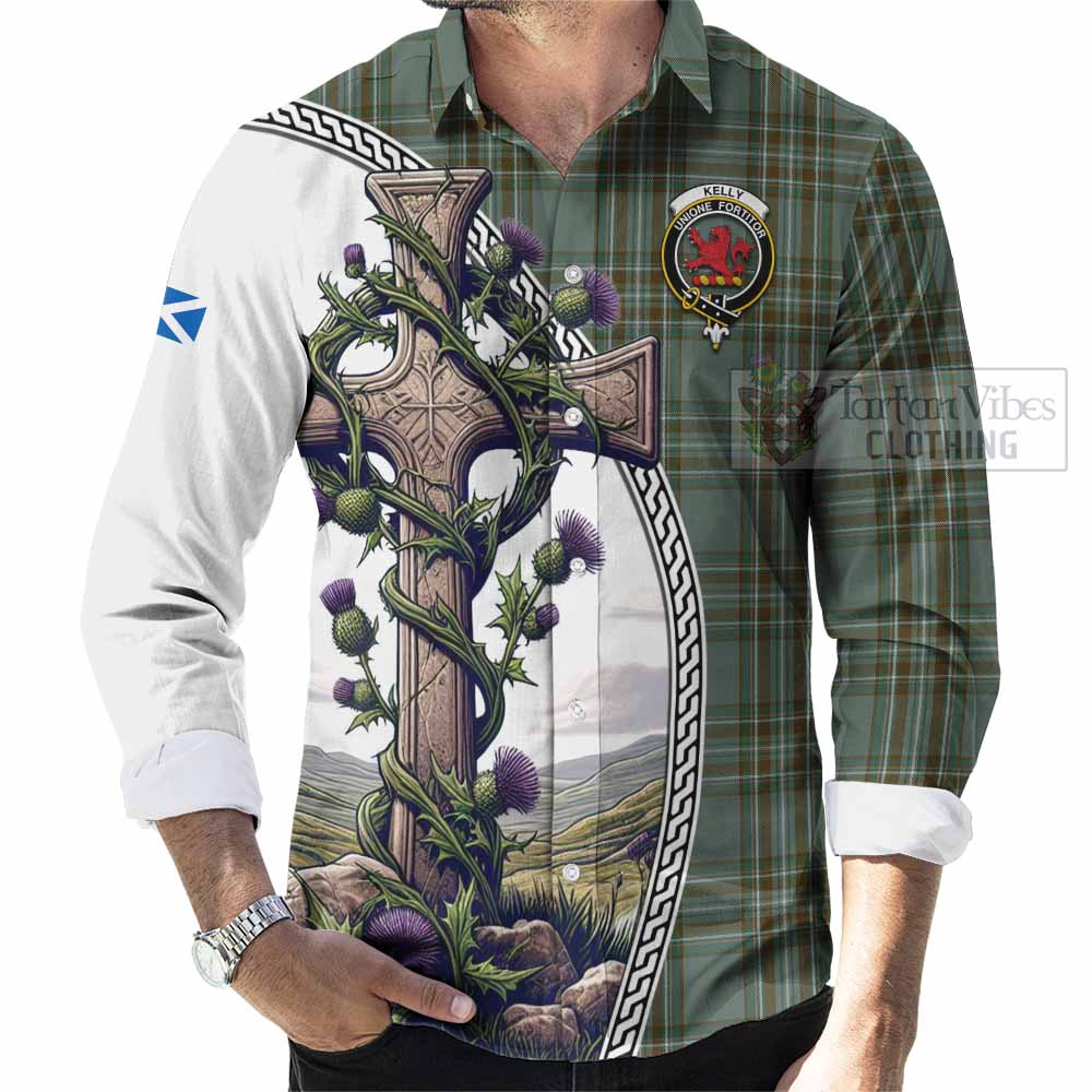 Tartan Vibes Clothing Kelly Tartan Long Sleeve Button Shirt with Family Crest and St. Andrew's Cross Accented by Thistle Vines