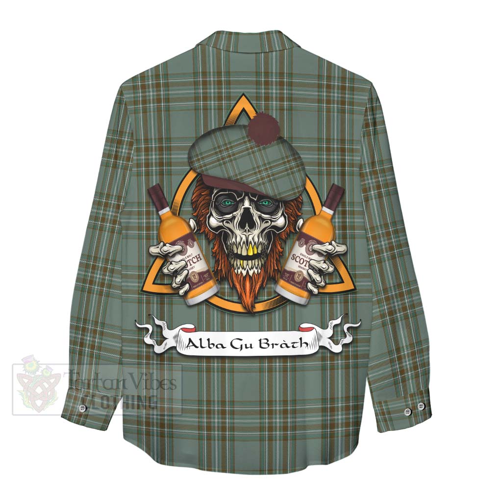 Tartan Vibes Clothing Kelly Tartan Women's Casual Shirt with Family Crest and Bearded Skull Holding Bottles of Whiskey