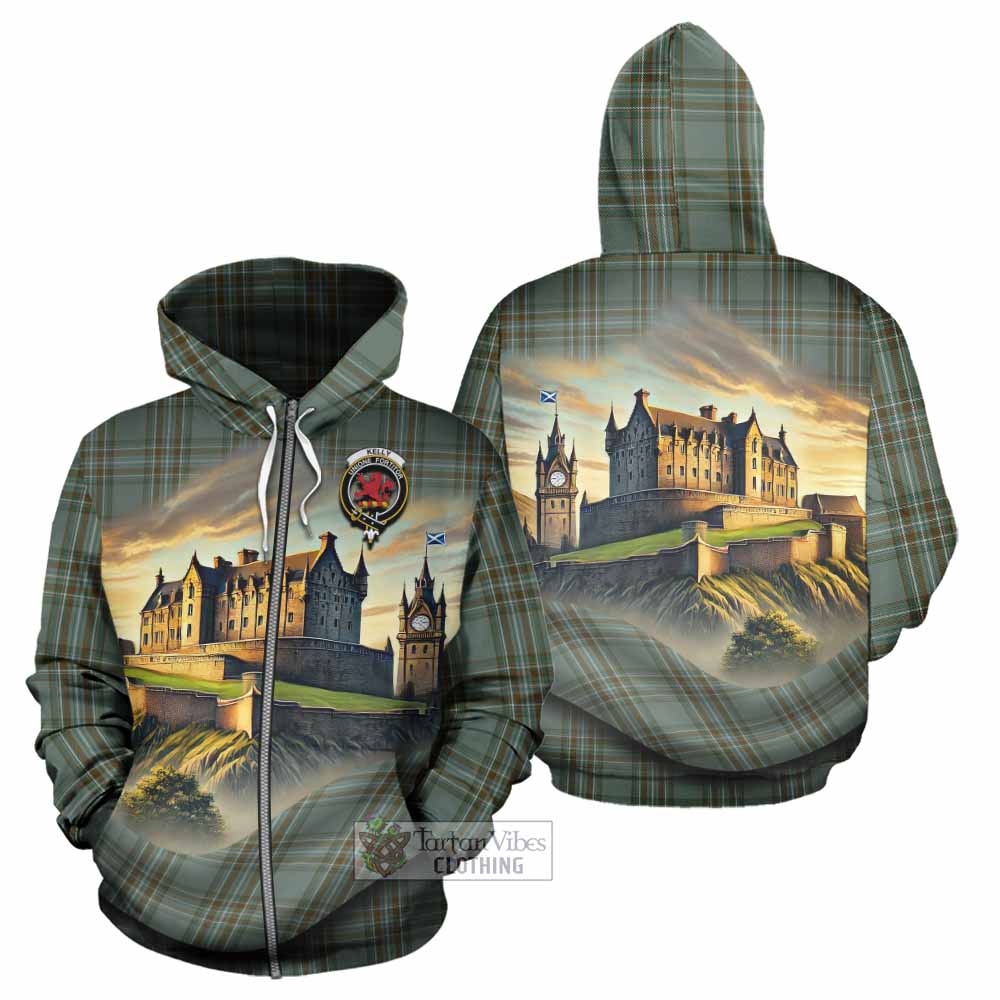 Tartan Vibes Clothing Kelly Tartan Family Crest Hoodie with Scottish Ancient Castle Style