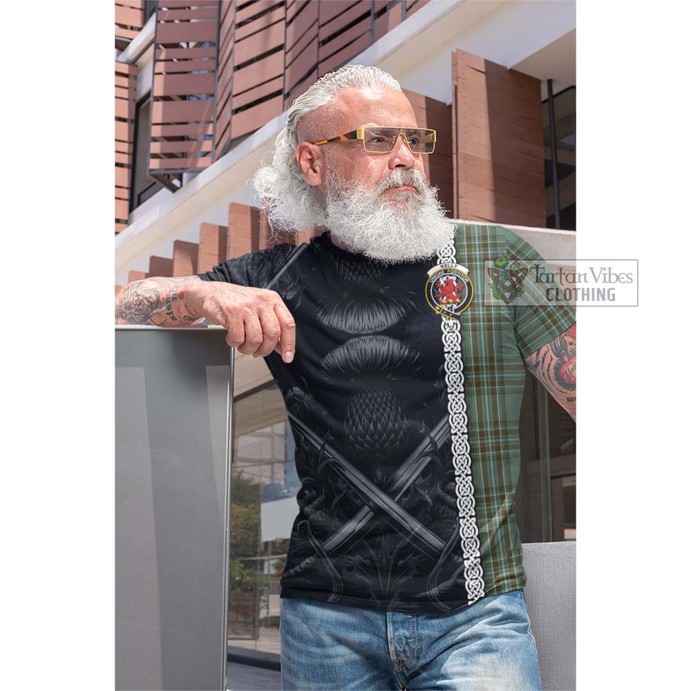 Tartan Vibes Clothing Kelly Tartan Cotton T-shirt with Family Crest Cross Sword Thistle Celtic Vibes