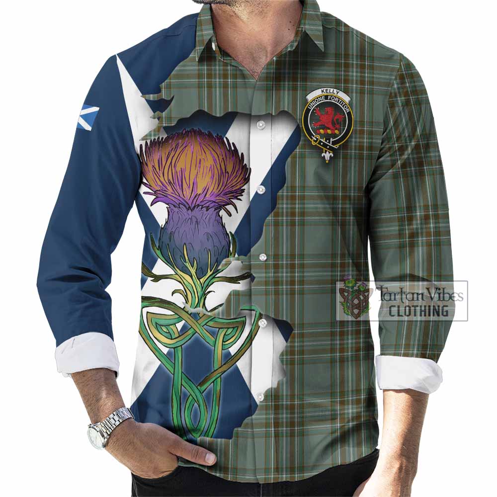 Tartan Vibes Clothing Kelly Tartan Family Crest Long Sleeve Button Shirt Scottish Thistle Celtic Inspired
