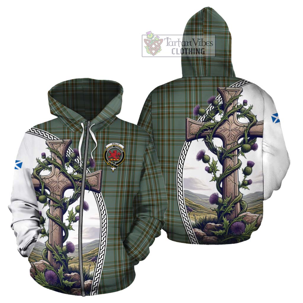 Tartan Vibes Clothing Kelly Tartan Cotton Hoodie with Family Crest and St. Andrew's Cross Accented by Thistle Vines