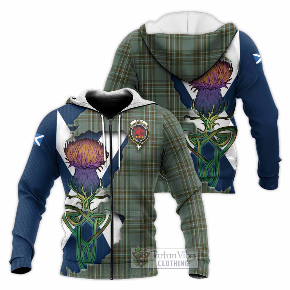 Tartan Vibes Clothing Kelly Tartan Family Crest Knitted Hoodie Scottish Thistle Celtic Inspired