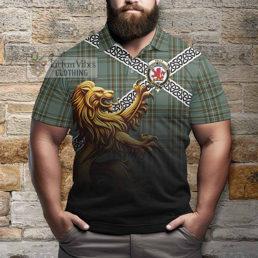 Tartan Vibes Clothing Kelly Crest Tartan Polo Shirt with Golden Lion Emblem Celtic Style