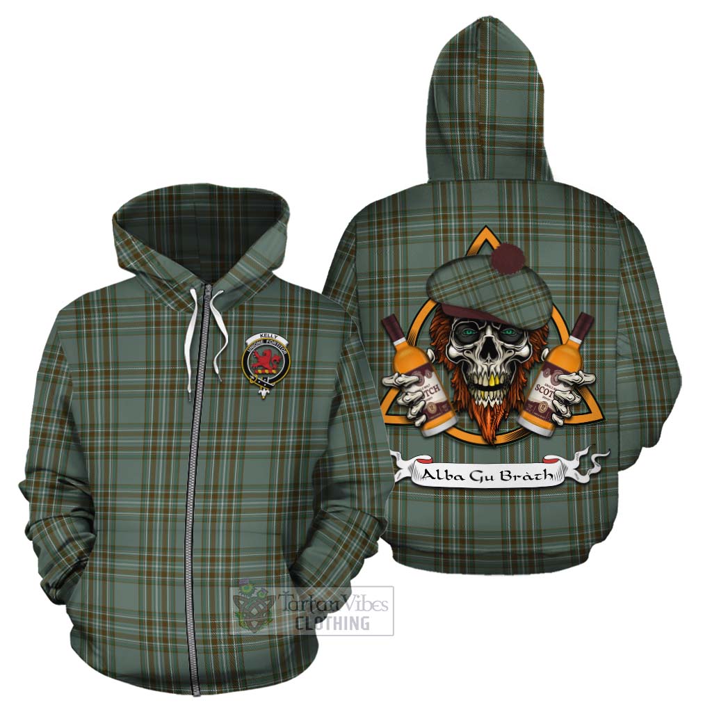 Tartan Vibes Clothing Kelly Tartan Cotton Hoodie with Family Crest and Bearded Skull Holding Bottles of Whiskey